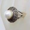 Sterling Silver Marcasite and Pearl in Round Shape Flower Ring