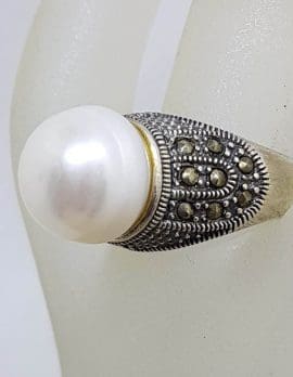 Sterling Silver Marcasite and Pearl High Set Ring