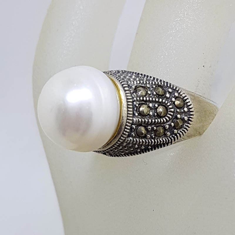 20210723_231215 Sterling Silver Marcasite and Pearl High Set Ring