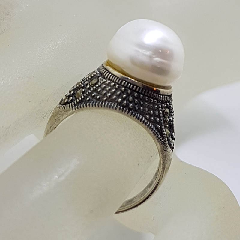 20210723_231230 Sterling Silver Marcasite and Pearl High Set Ring