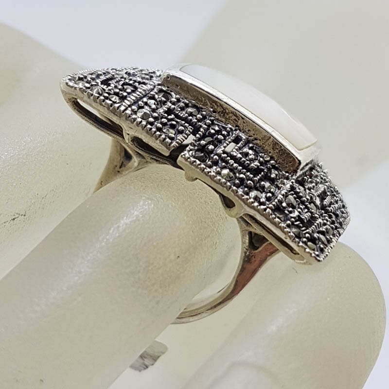 Sterling Silver Mother of Pearl & Marcasite Very Large Ornate Square Cluster Ring - Greek Key Design
