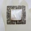 Sterling Silver Mother of Pearl & Marcasite Very Large Ornate Square Cluster Ring - Greek Key Design