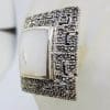 Sterling Silver Mother of Pearl & Marcasite Very Large Ornate Square Cluster Ring - Greek Key Design