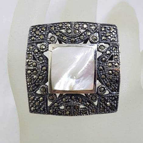 Sterling Silver Mother of Pearl & Marcasite Very Large Ornate Square Cluster Ring