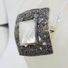 Sterling Silver Mother of Pearl & Marcasite Very Large Ornate Square Cluster Ring
