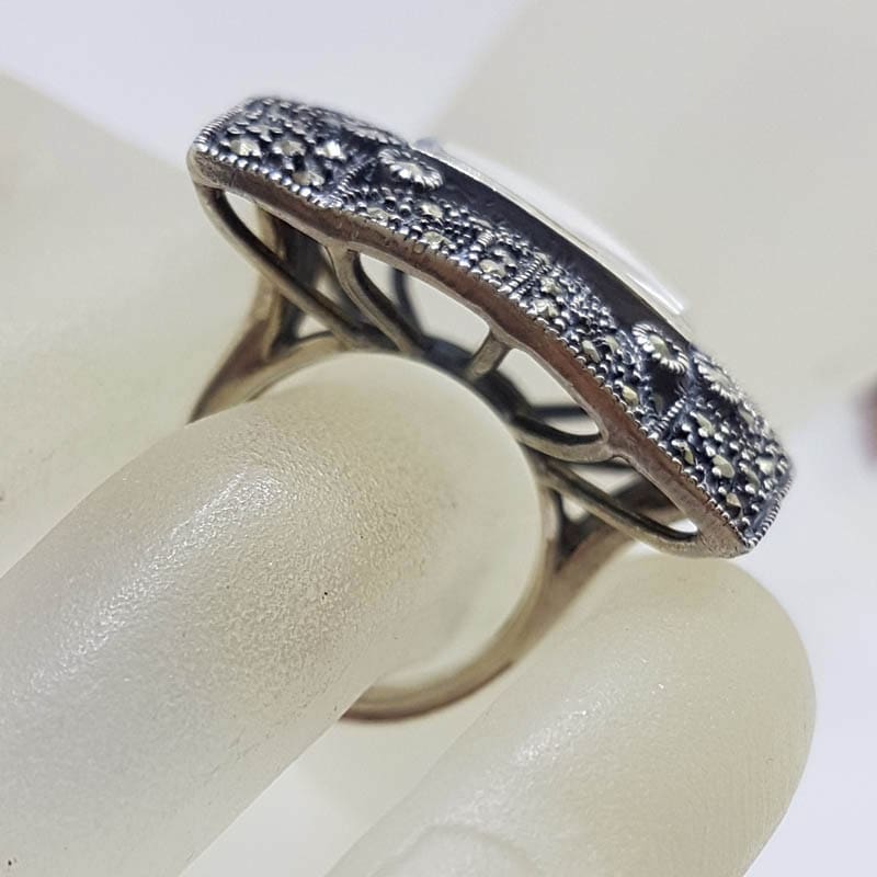 20210723_231353 Sterling Silver Mother of Pearl & Marcasite Very Large Ornate Square Cluster Ring