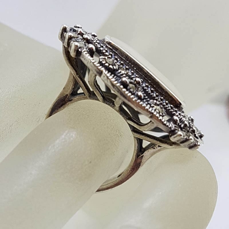 20210723_231408 Sterling Silver Mother of Pearl & Marcasite Very Large Ornate Rectangular Cluster Ring