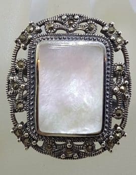 Sterling Silver Mother of Pearl & Marcasite Very Large Ornate Rectangular Cluster Ring