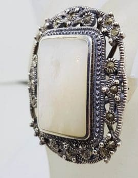 Sterling Silver Mother of Pearl & Marcasite Very Large Ornate Rectangular Cluster Ring