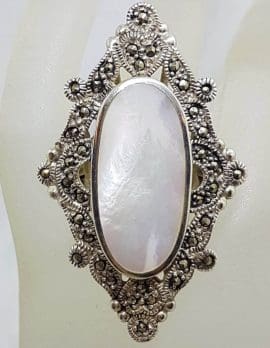 Sterling Silver Mother of Pearl & Marcasite Very Large Ornate Oval in Marquis Cluster Ring