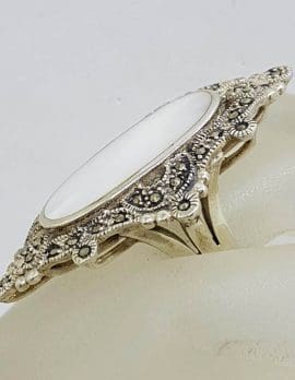 Sterling Silver Mother of Pearl & Marcasite Very Large Ornate Oval in Marquis Cluster Ring