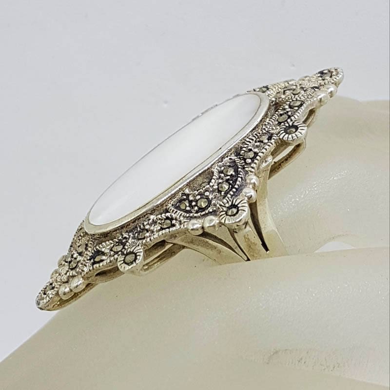 Sterling Silver Mother of Pearl & Marcasite Very Large Ornate Oval in Marquis Cluster Ring