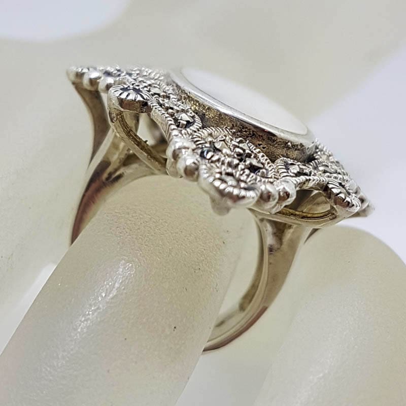 Sterling Silver Mother of Pearl & Marcasite Very Large Ornate Oval in Marquis Cluster Ring