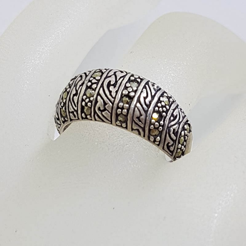Sterling Silver Patterned Band Marcasite Ring