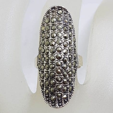 Sterling Silver Long Thin Elongated Oval Marcasite Ring - Domed