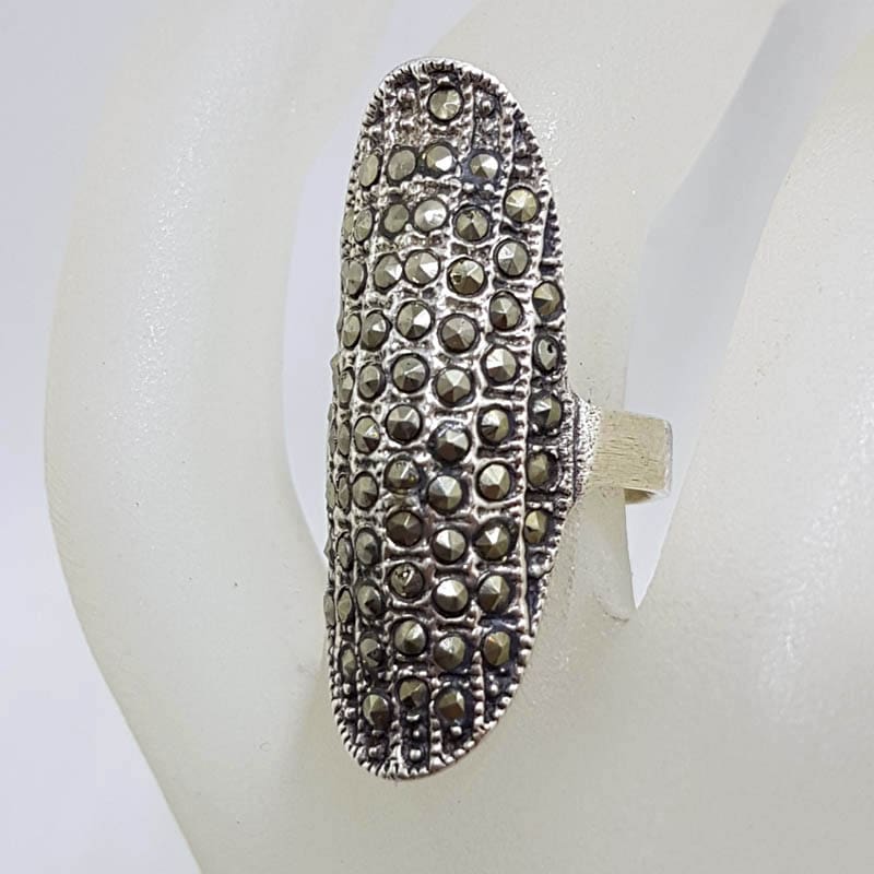 Sterling Silver Long Thin Elongated Oval Marcasite Ring - Domed