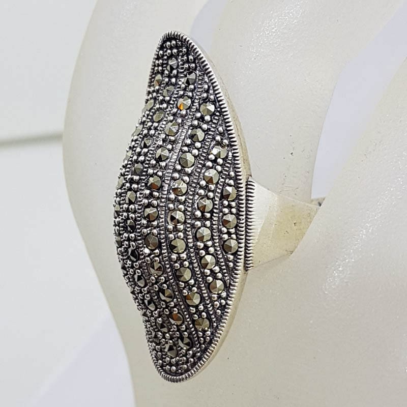 Sterling Silver Long Elongated Oval Marcasite Ring - Domed
