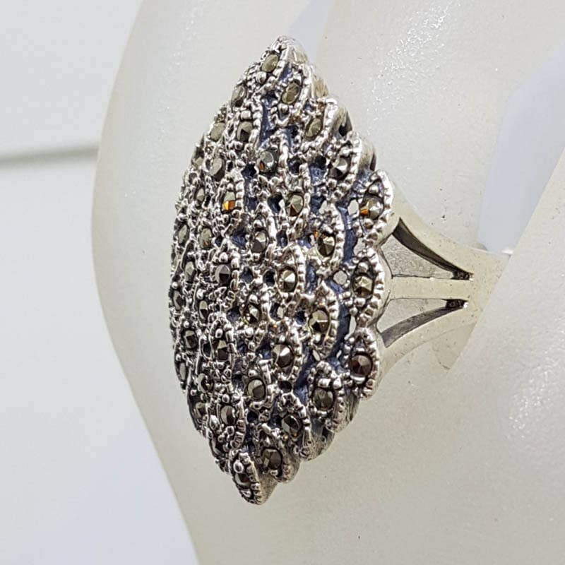 Sterling Silver Large Marquis Shape Marcasite Cluster Ring