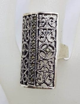 Sterling Silver Large Filigree Ornate Rectangular Marcasite Ring