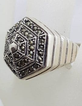 Sterling Silver Hexagonal Shape Large Marcasite Cluster Ring