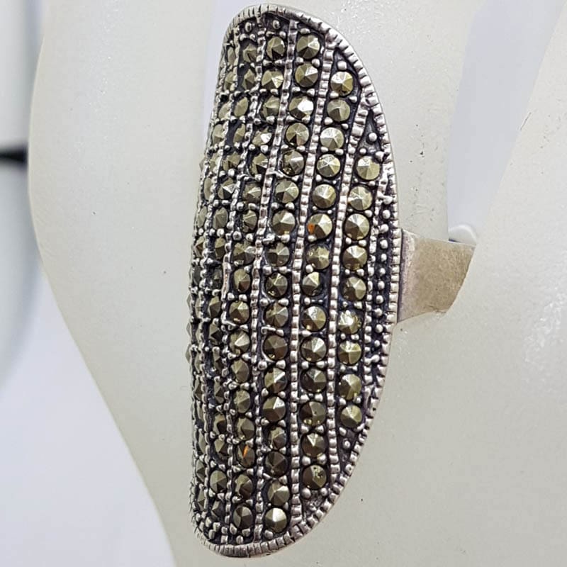 Sterling Silver Long Elongated Oval Marcasite Ring - Domed