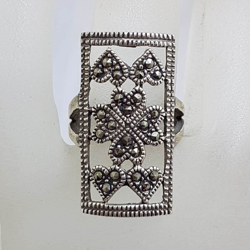 Sterling Silver Large Rectangular Marcasite Heart Ring