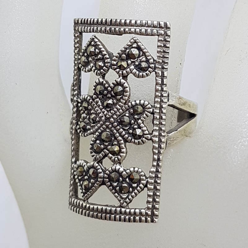 Sterling Silver Large Rectangular Marcasite Heart Ring