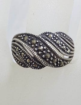Sterling Silver Wide Wave Design Marcasite Band Ring