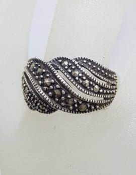Sterling Silver Wide Wave Design Marcasite Band Ring