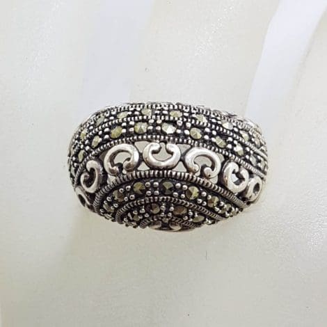 Sterling Silver Wide and Bulky with Ornate Design Domed Marcasite Ring