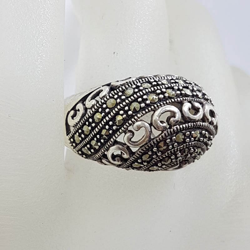 20210723_233712 Sterling Silver Wide and Bulky with Ornate Design Domed Marcasite Ring