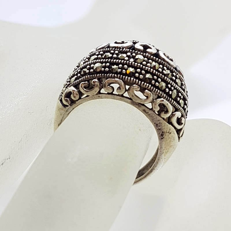 20210723_233828 Sterling Silver Wide and Bulky with Ornate Design Domed Marcasite Ring