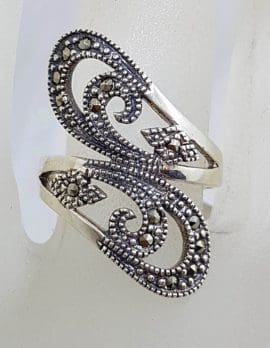 Sterling Silver Wide Marcasite Ornate Open Design Twist Ring