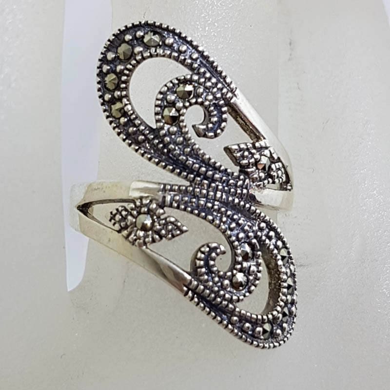 Sterling Silver Wide Marcasite Ornate Open Design Twist Ring