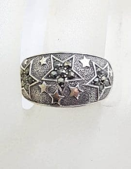 Sterling Silver Wide Marcasite Band Ring with Star Motif Ring