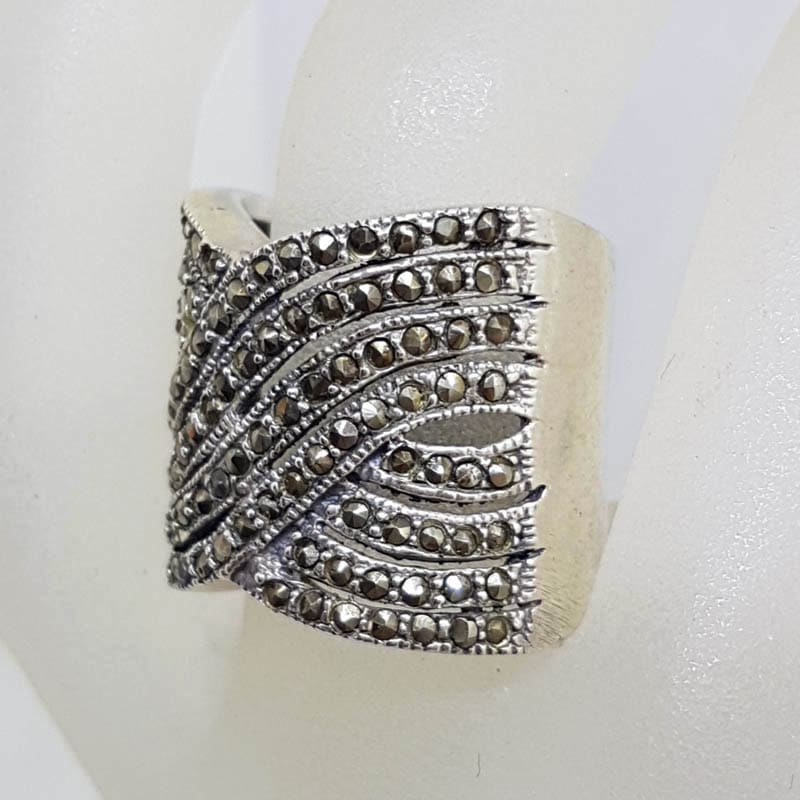 Sterling Silver Marcasite Wide and Heavy Thick Woven Twist Band Ring