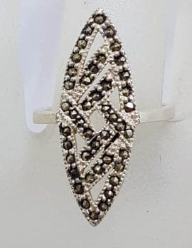 Sterling Silver Marcasite Elongated Marquis / Canoe Shape Art Deco Style Cluster Ring
