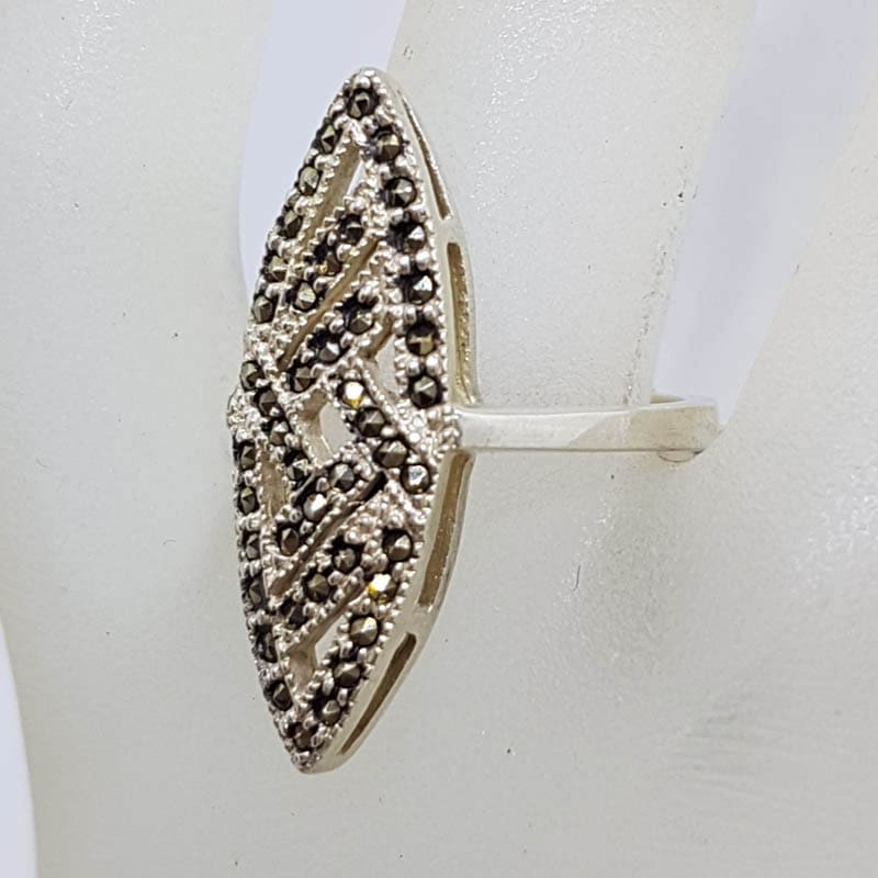 20210724_114957 Sterling Silver Marcasite Elongated Marquis / Canoe Shape Art Deco Style Cluster Ring