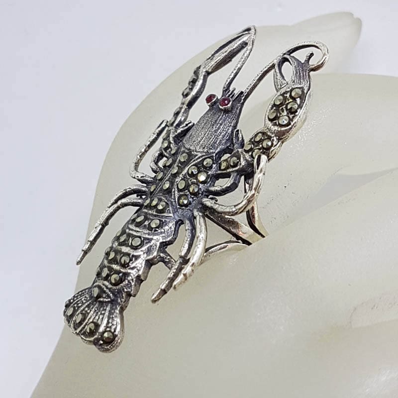 20210724_115346 Sterling Silver Marcasite with Red Eyes Very Large Lobster / Crayfish Ring