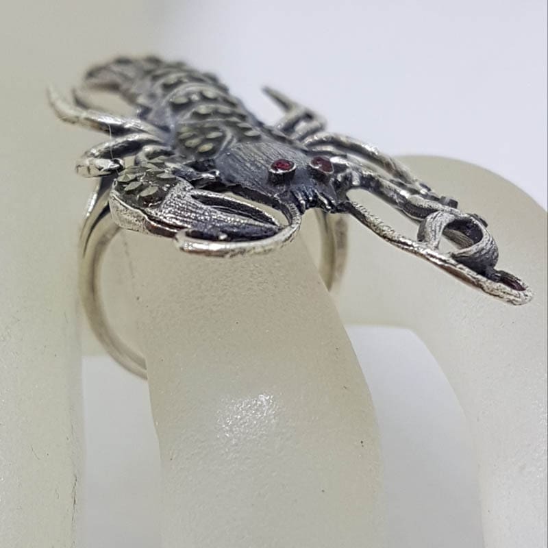20210724_115414 Sterling Silver Marcasite with Red Eyes Very Large Lobster / Crayfish Ring