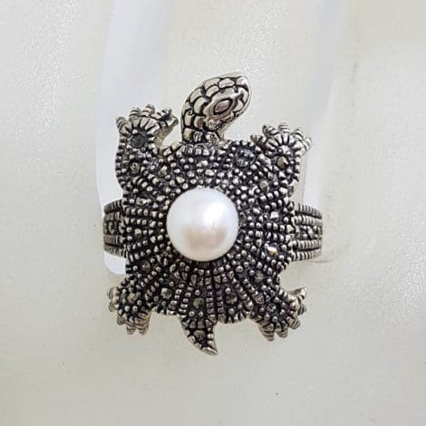 Sterling Silver Marcasite and Pearl Turtle / Tortoise Ring
