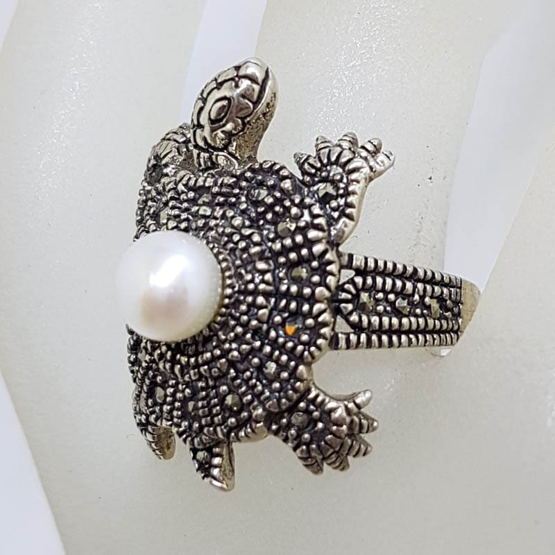 Sterling Silver Marcasite and Pearl Turtle / Tortoise Ring