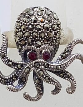 Sterling Silver Marcasite with Red Eyes Large Octopus Ring