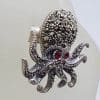 Sterling Silver Marcasite with Red Eyes Large Octopus Ring