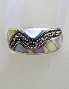 Sterling Silver Vintage Marcasite and Multi-Colour Mother of Pearl Wide Ring