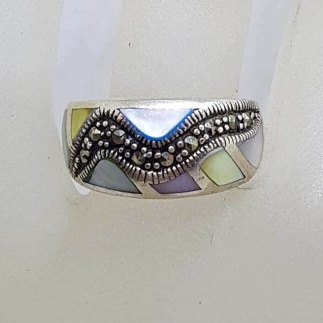 Sterling Silver Vintage Marcasite and Multi-Colour Mother of Pearl Wide Ring