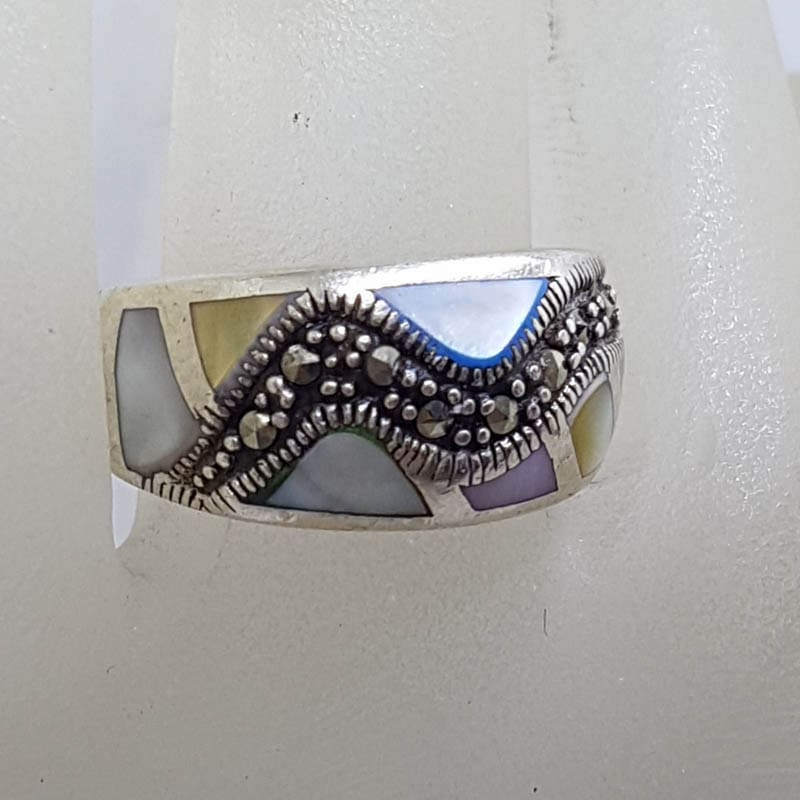 Sterling Silver Vintage Marcasite and Multi-Colour Mother of Pearl Wide Ring