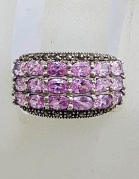 Sterling Silver Vintage Marcasite and Pink Cubic Zirconia Wide Cluster Ring