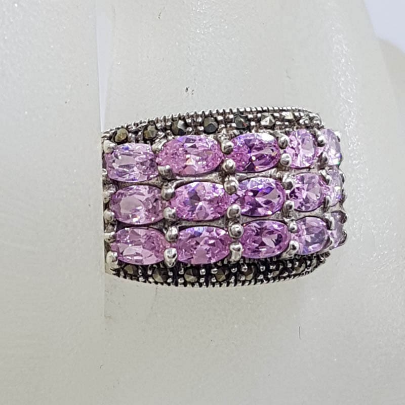 20210724_120954 Sterling Silver Vintage Marcasite and Pink Cubic Zirconia Wide Cluster Ring