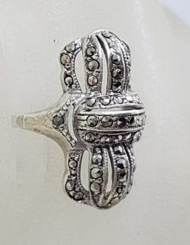 Sterling Silver Vintage Marcasite Elongated Art Deco Shape Ring